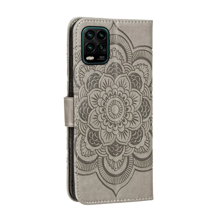 Imprint Mandala Flor Couro Shell Para Xiaomi Mi 10 Lite 5G - Cinza