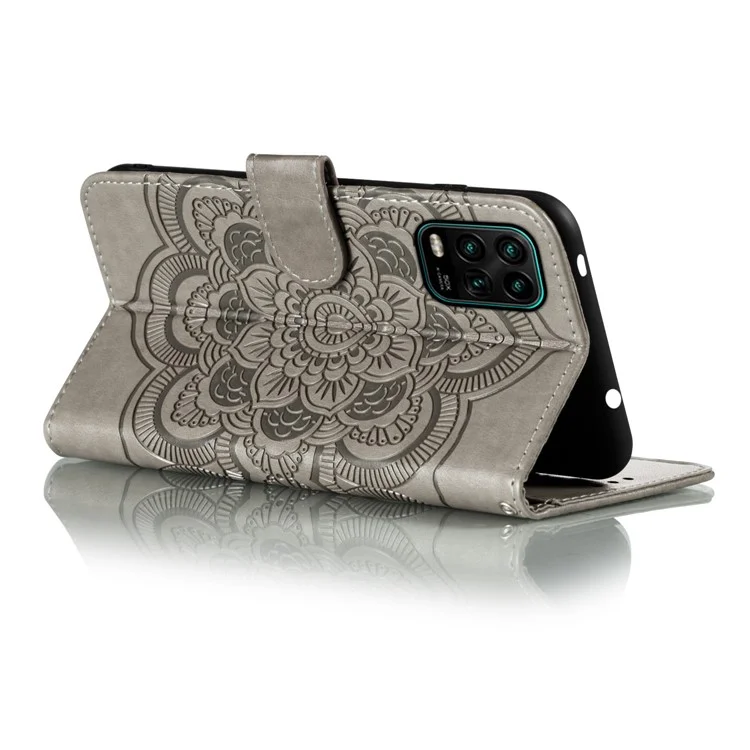 Imprint Mandala Flor Couro Shell Para Xiaomi Mi 10 Lite 5G - Cinza