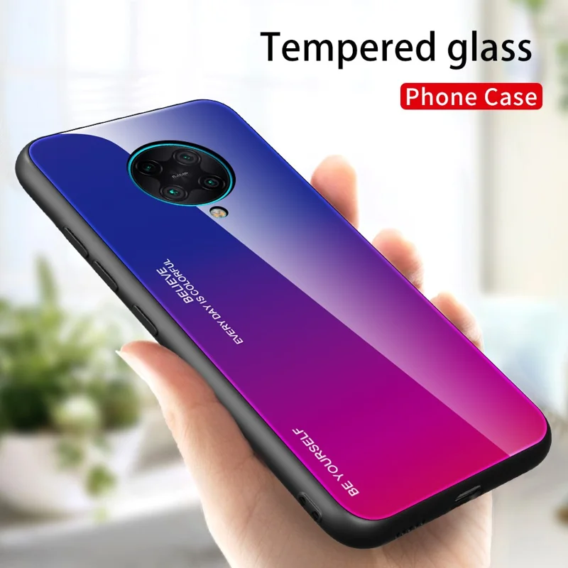Gradient Color Tempered Glass + PC + TPU Hybrid Case for Xiaomi Redmi K30 Pro - Blue / Rose