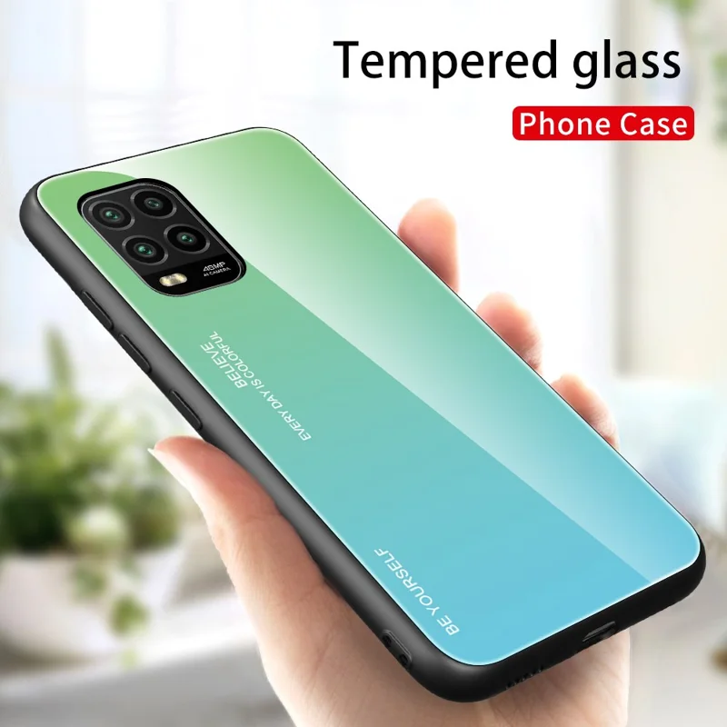 Gradient Color Tempered Glass + PC + TPU Hybrid Shell Case for Xiaomi Mi 10 Lite 5G - Cyan / Blue
