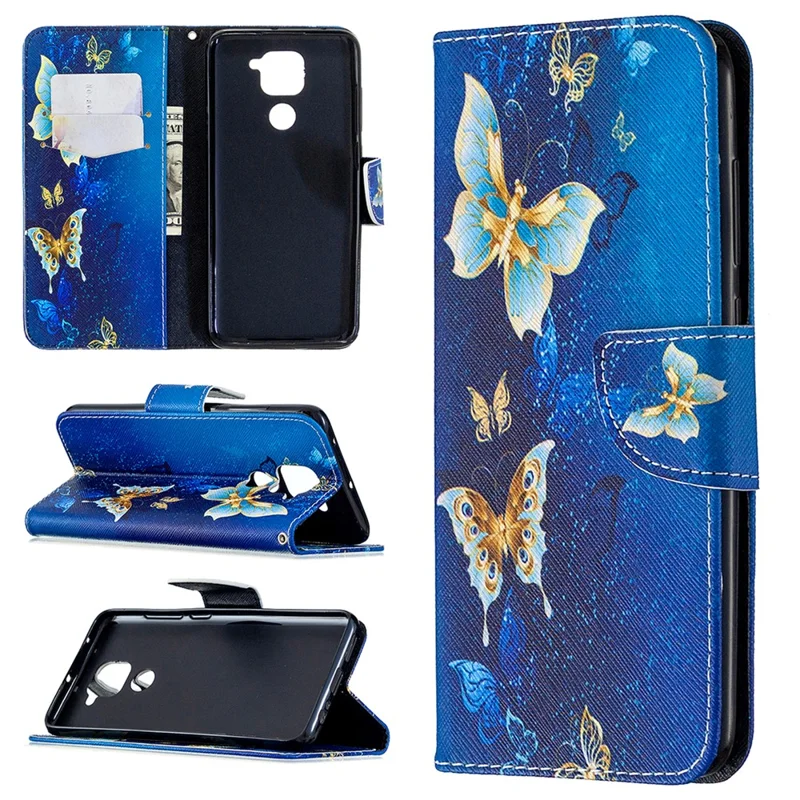 Pattern Printing Wallet Stand Leather Shell for Xiaomi Redmi Note 9/Redmi 10X 4G - Blue and Gold Butterfly