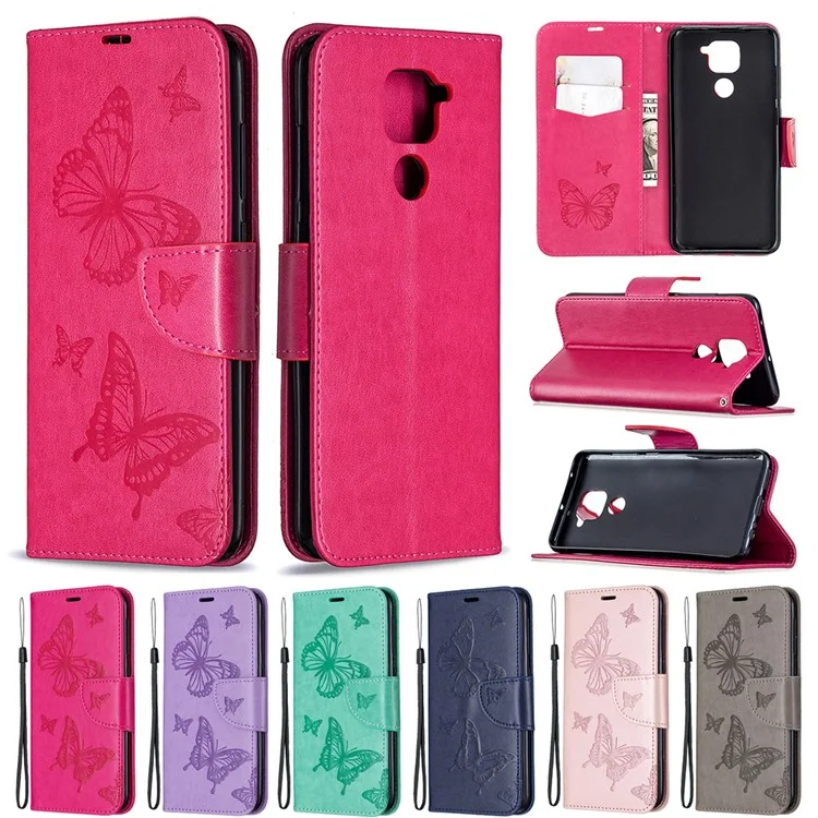 Capa de Telefone de Couro Flip com Borboletas Impressas para Xiaomi Redmi 10X 4G/Redmi Note 9 - Rosa
