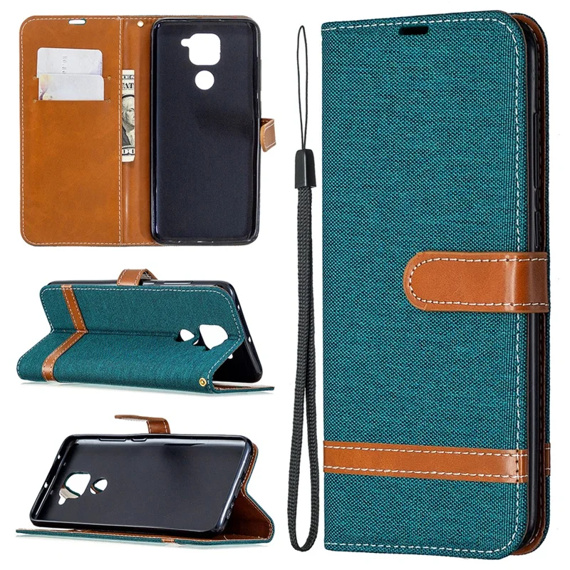 Color Splicing Jeans Cloth Skin Leather Phone Shell for Xiaomi Redmi Note 9/Redmi 10X 4G - Green