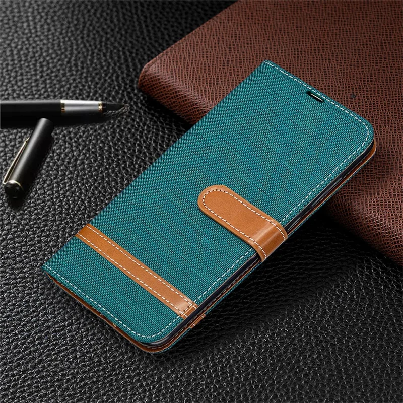 Color Splicing Jeans Cloth Skin Leather Phone Shell for Xiaomi Redmi Note 9/Redmi 10X 4G - Green