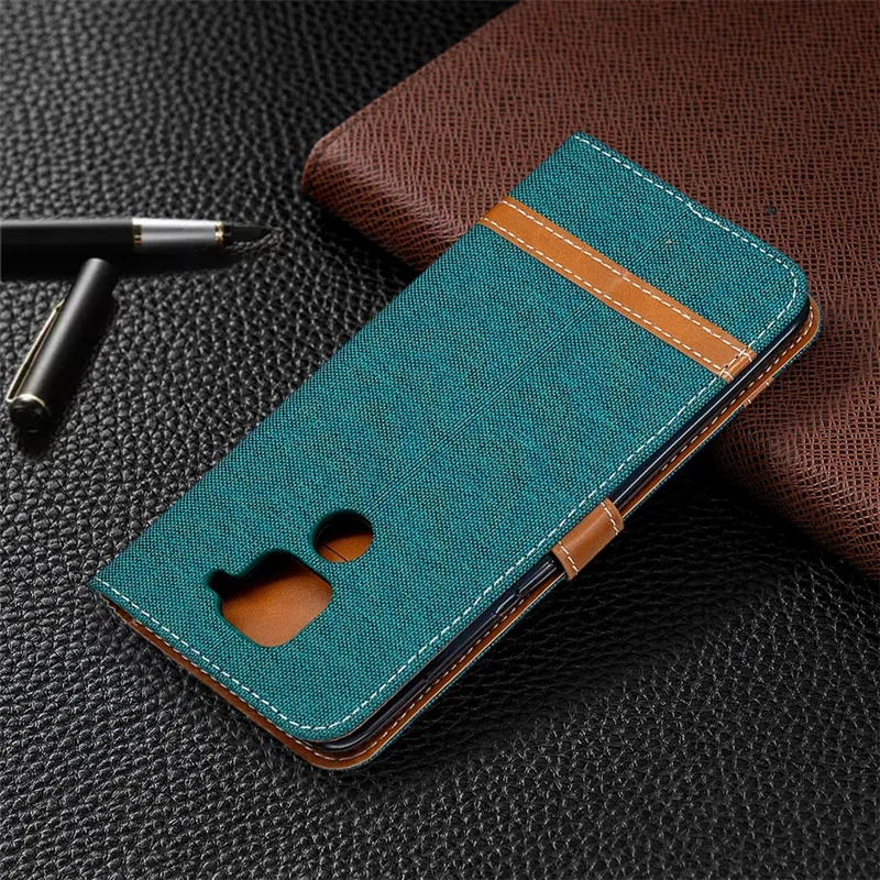 Color Splicing Jeans Cloth Skin Leather Phone Shell for Xiaomi Redmi Note 9/Redmi 10X 4G - Green