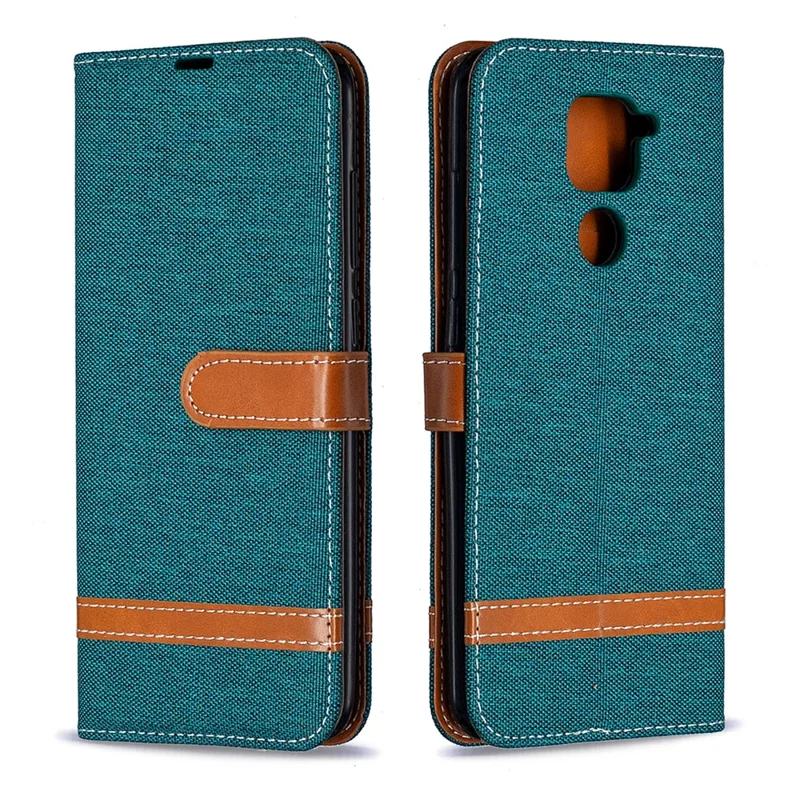 Color Splicing Jeans Cloth Skin Leather Phone Shell for Xiaomi Redmi Note 9/Redmi 10X 4G - Green