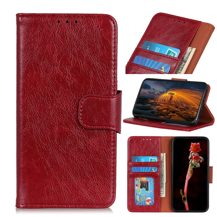 Caixa de Carteira de Couro Dividida na Textura Nappa Para Xiaomi Redmi 9 - Vermelho