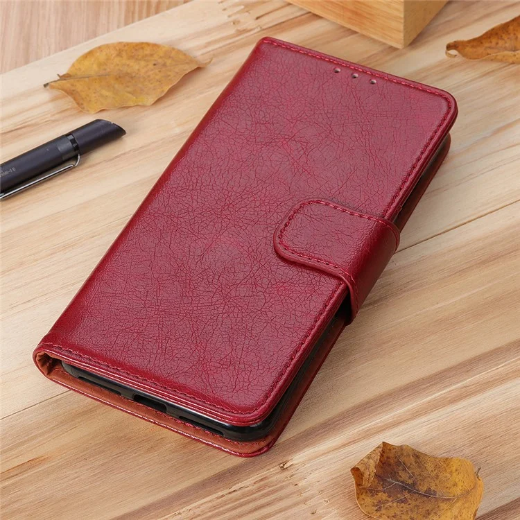 Caixa de Carteira de Couro Dividida na Textura Nappa Para Xiaomi Redmi 9 - Vermelho