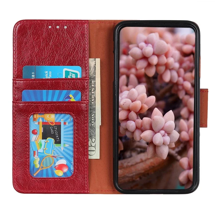 Caixa de Carteira de Couro Dividida na Textura Nappa Para Xiaomi Redmi 9 - Vermelho