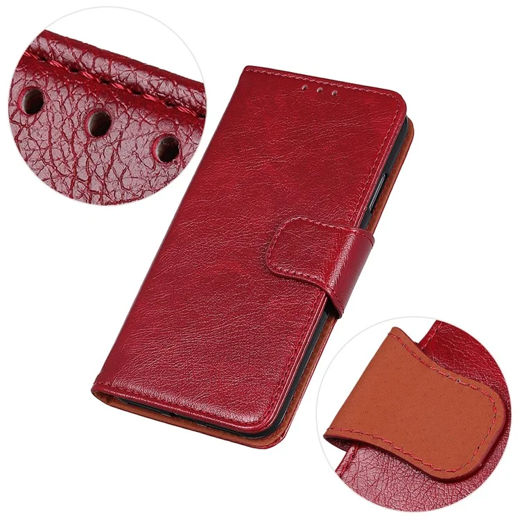 Caixa de Carteira de Couro Dividida na Textura Nappa Para Xiaomi Redmi 9 - Vermelho