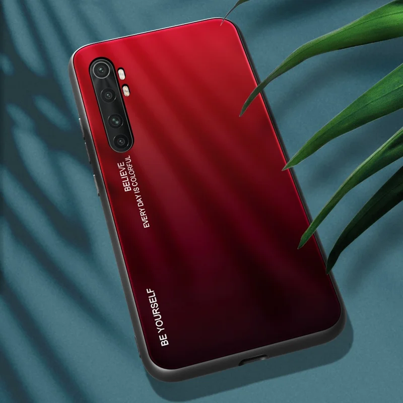 Gradient Color Protection Tempered Glass + PC + TPU Hybrid Case for Xiaomi Mi Note 10 Lite - Red / Black