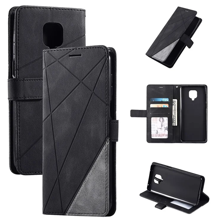 Color Blocking Stylish Design Leather Shell for Xiaomi Redmi Note 9S/Note 9 Pro/Note 9 Pro Max - Black