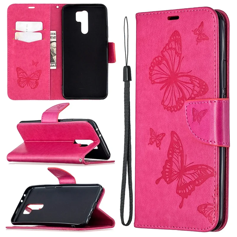 Imprint Butterflies Wallet Stand Flip Læder Phone Shell til Xiaomi Redmi 9 - Rose