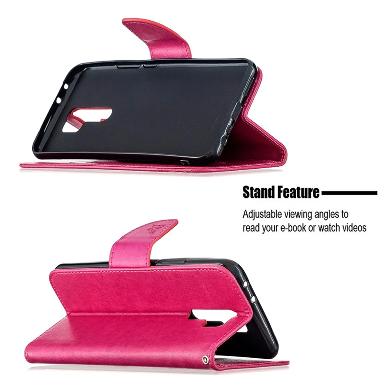 Imprint Butterflies Wallet Stand Flip Læder Phone Shell til Xiaomi Redmi 9 - Rose