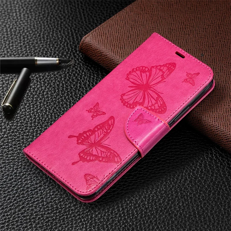 Imprint Butterflies Wallet Stand Flip Læder Phone Shell til Xiaomi Redmi 9 - Rose