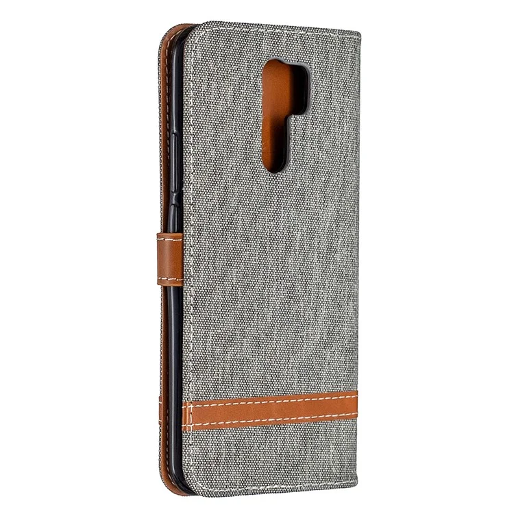 Color Splicing Jeans Cloth Shell Wallet Leather Cover for Xiaomi Redmi 9 - Grey