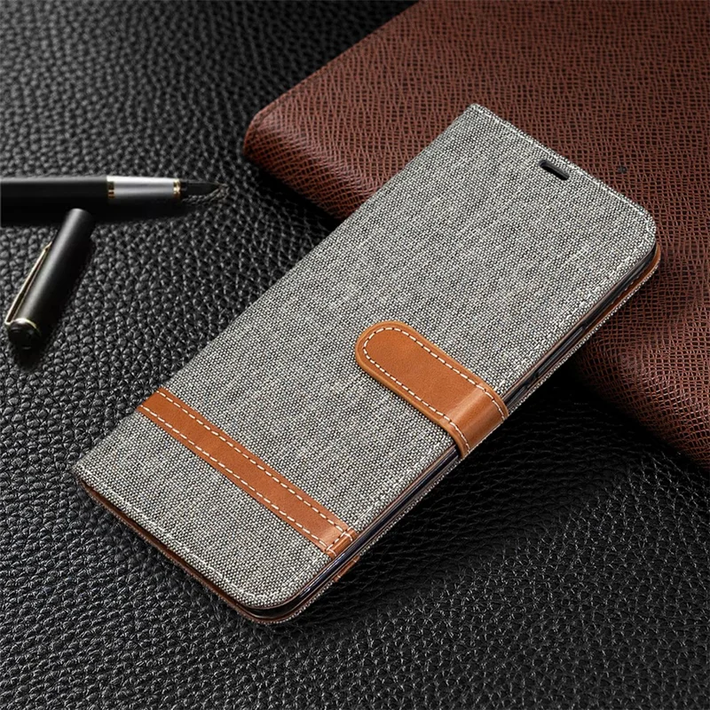 Color Splicing Jeans Cloth Shell Wallet Leather Cover for Xiaomi Redmi 9 - Grey