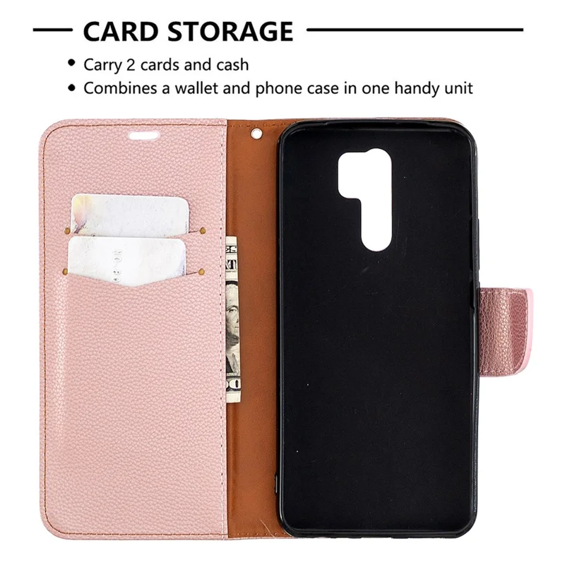 Litchi Skin Stylish Leather with Wallet Cover for Xiaomi Redmi 9 - Rose Gold