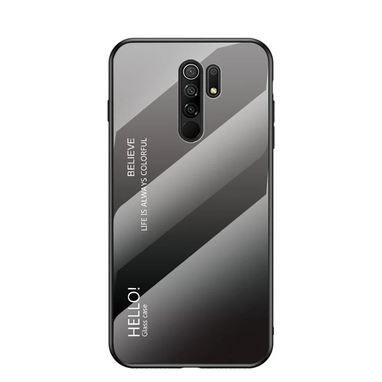 Caso de Vidro Temperado Com Cor Gradiente + PC + TPU Para Xiaomi Redmi 9 - Cinza / Preto