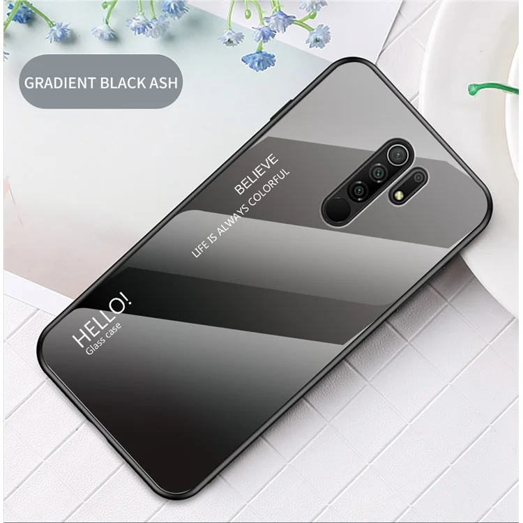 Gradient Color Tempered Glass + PC + TPU Combo Case for Xiaomi Redmi 9 - Grey / Black