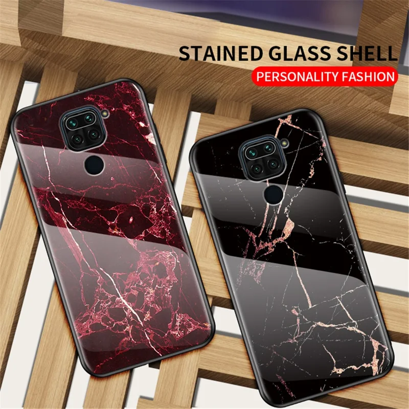 Marble Pattern Tempered Glass + PC + TPU Phone Case for Xiaomi Redmi Note 9/10X 4G - Black / Gold