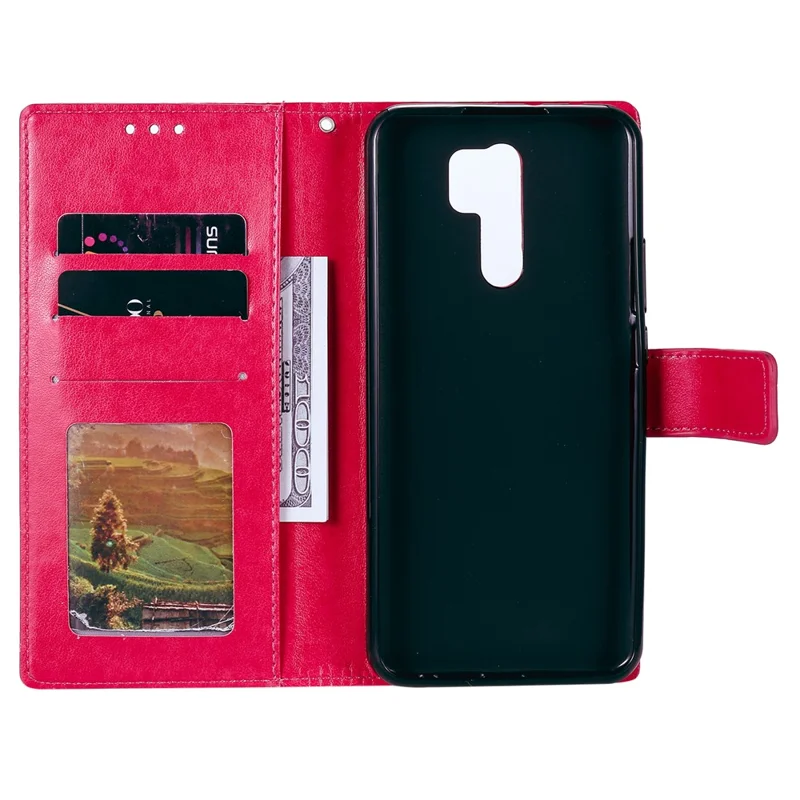 Imprint Flower Leather Wallet Phone Shell for Xiaomi Redmi 9 - Rose