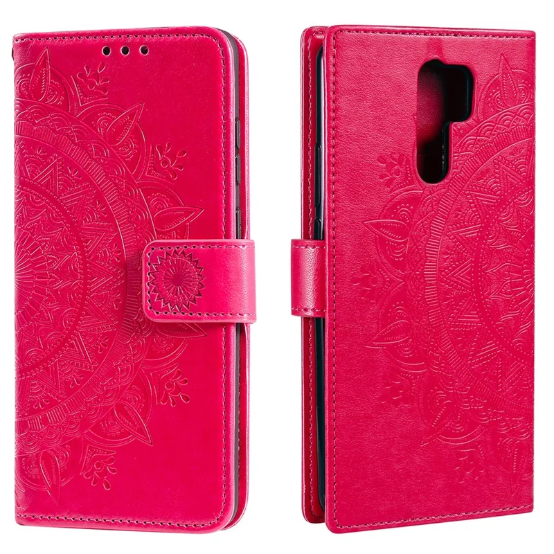 Imprint Flower Leather Wallet Phone Shell for Xiaomi Redmi 9 - Rose