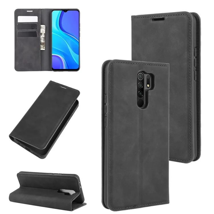 Étui de Support de Portefeuille en Cuir Soyeux Pour Xiaomi Redmi 9 - le Noir