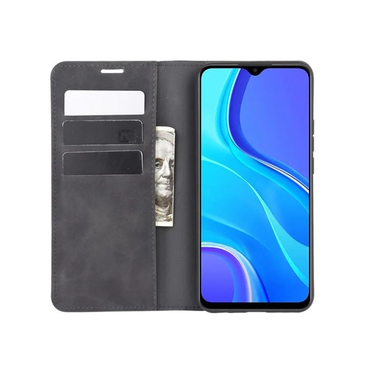 Silky Touch Leder Brieftasche Hülle Für Xiaomi Redmi 9 - Schwarz