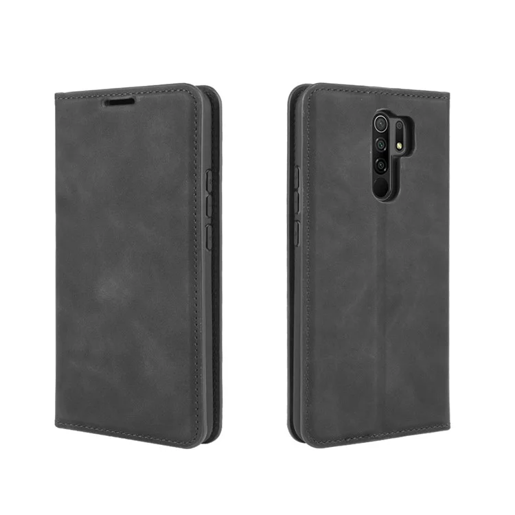 Étui de Support de Portefeuille en Cuir Soyeux Pour Xiaomi Redmi 9 - le Noir