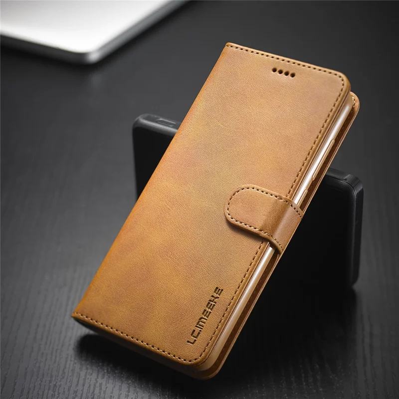 LC.IMEEKE Leather Wallet Case for Xiaomi Redmi Note 9 Mobile Phone Case Stand Design Magnetic Clasp - Brown