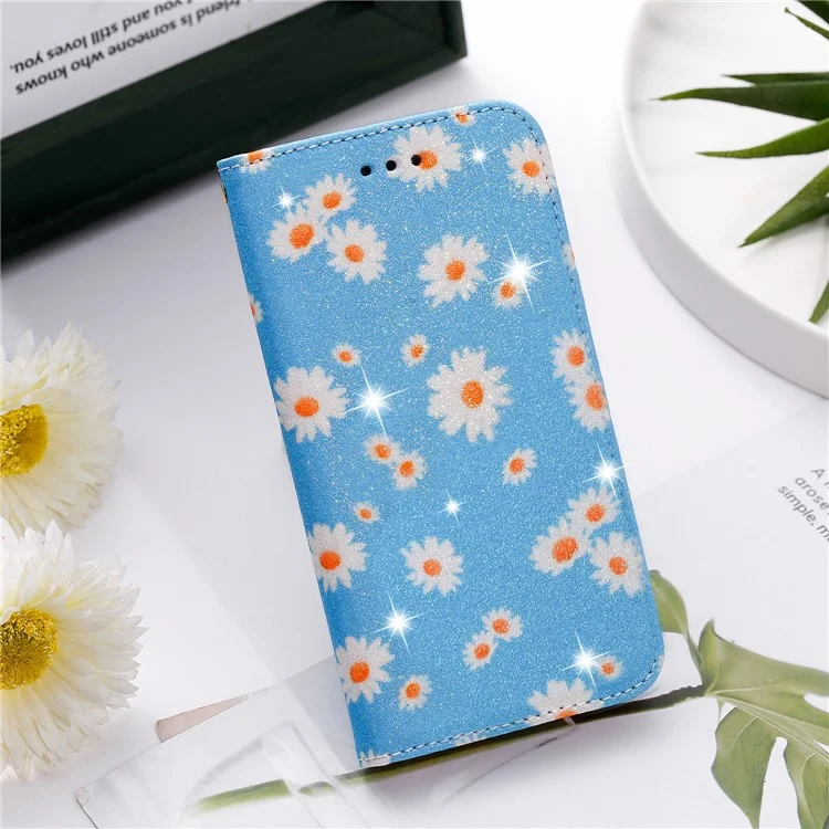 Держатель Daisy Pattern Flash Powder Card Flip Leather Phone Case Для Xiaomi Redmi 9 - Синий