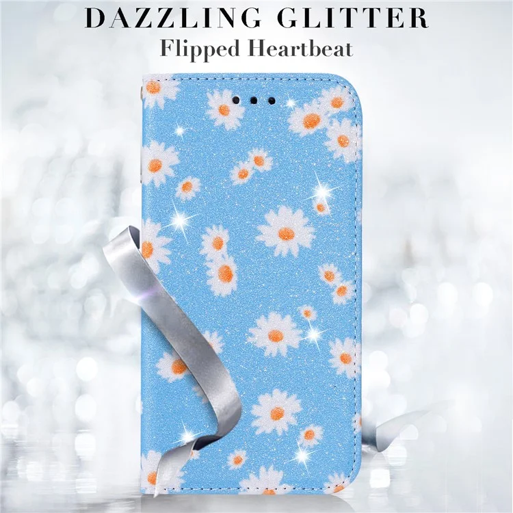 Daisy Pattern Flash Powder Card Holder Flip Leather Phone Case for Xiaomi Redmi 9 - Blue