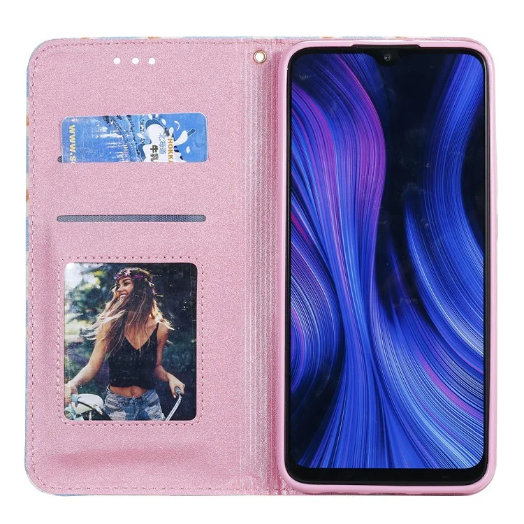 Держатель Daisy Pattern Flash Powder Card Flip Leather Phone Case Для Xiaomi Redmi 9 - Синий