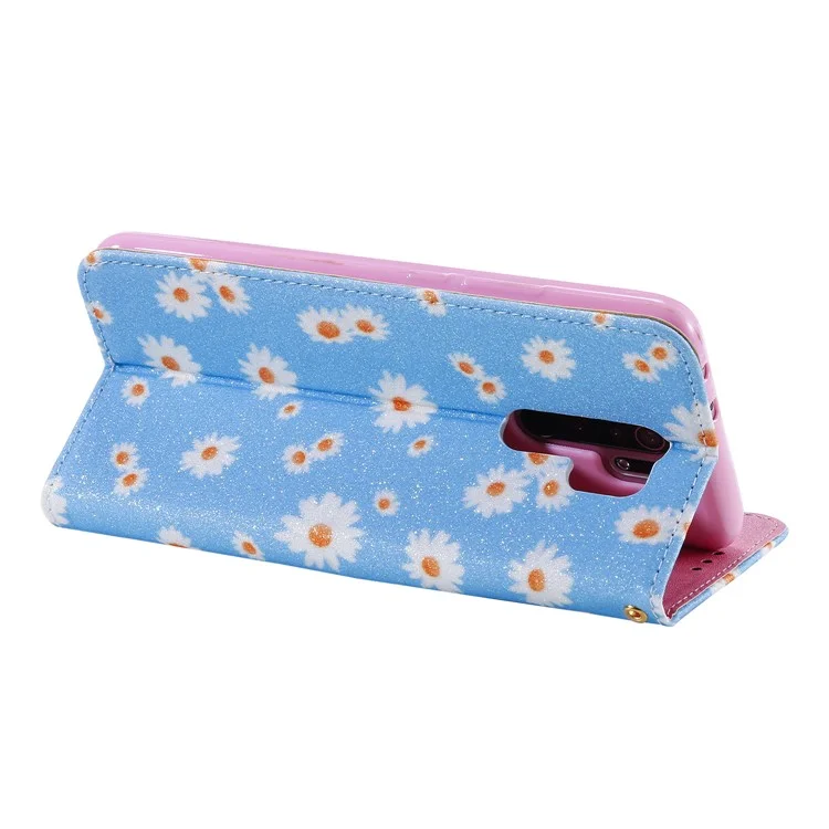 Daisy Pattern Flash Powder Card Holder Flip Leather Phone Case for Xiaomi Redmi 9 - Blue