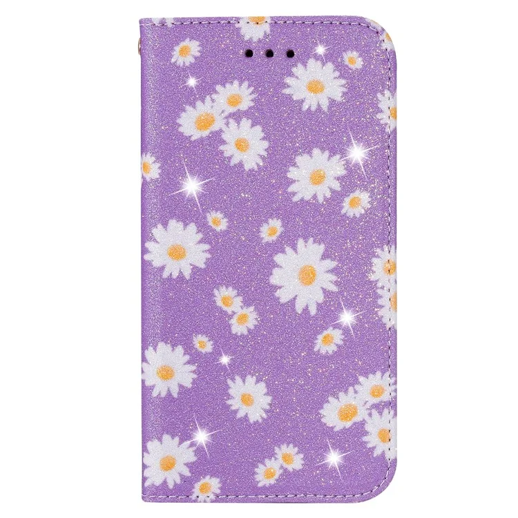 Daisy Pattern Flash Powder Card Holder Flip Leather Phone Tampa Para Xiaomi Redmi Nota 9 - Roxo