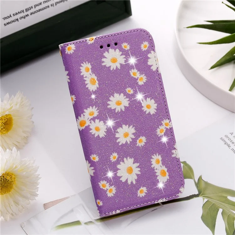 Daisy Pattern Flash Powder Card Holder Flip Leather Phone Tampa Para Xiaomi Redmi Nota 9 - Roxo