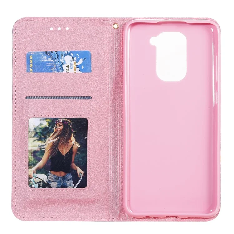 Daisy Pattern Flash Powder Card Holder Flip Leather Phone Tampa Para Xiaomi Redmi Nota 9 - Roxo