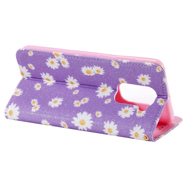 Daisy Pattern Flash Powder Card Holder Flip Leather Phone Tampa Para Xiaomi Redmi Nota 9 - Roxo