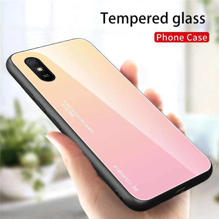 Gradient Color Tempered Glass + PC + TPU Combo Back Case for Xiaomi Redmi 9A - Yellow/Pink