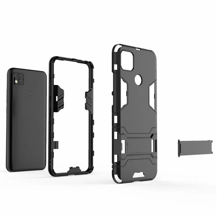 2 in 1 PC + TPU Hybrid Phone Case with Invisible Folding Kickstand for Xiaomi Redmi 9C/9C NFC - Black