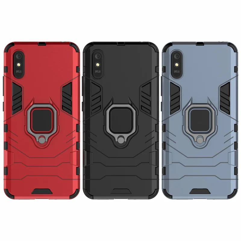 Para Xiaomi Redmi 9A Finger Ring Holder Kickstand PC + Cubierta de Carcasa Protectora TPU - Negro