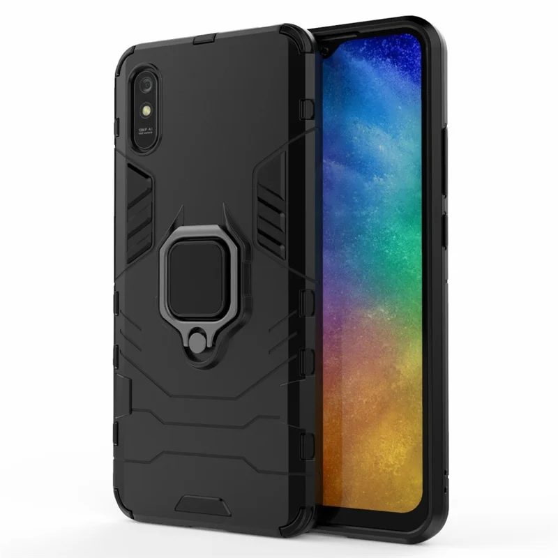 Para Xiaomi Redmi 9A Finger Ring Holder Kickstand PC + Cubierta de Carcasa Protectora TPU - Negro
