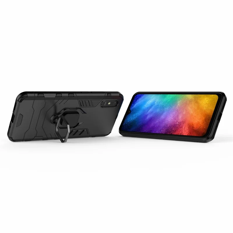 Para Xiaomi Redmi 9A Finger Ring Holder Kickstand PC + Cubierta de Carcasa Protectora TPU - Negro