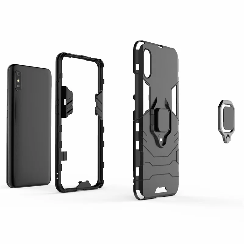 For Xiaomi Redmi 9A Finger Ring Holder Kickstand PC + TPU Protective Shell Cover - Black