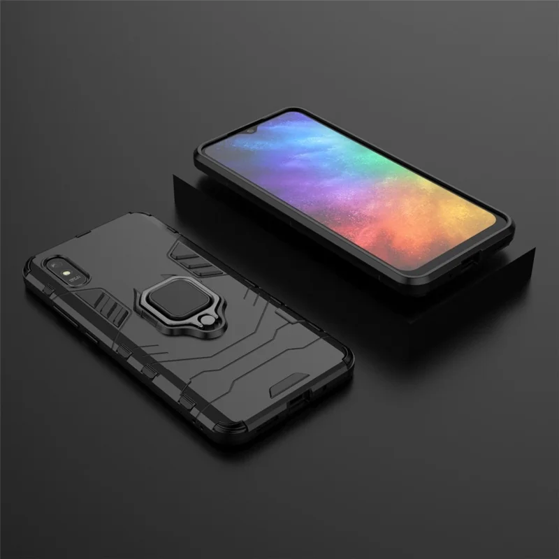 For Xiaomi Redmi 9A Finger Ring Holder Kickstand PC + TPU Protective Shell Cover - Black