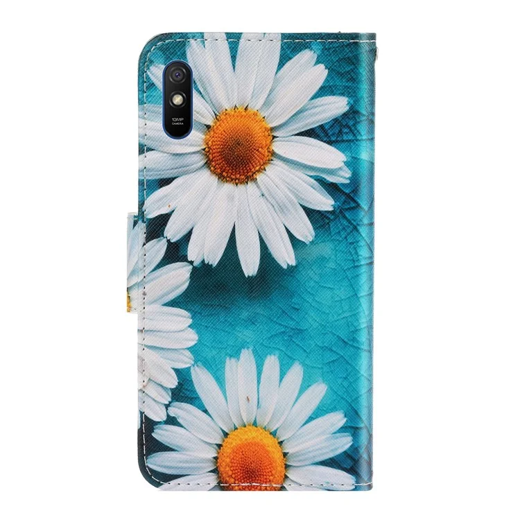 Cubierta de Impresión de Patrones Con Estuche de Billetera de Cuero Para Xiaomi Redmi 9a - Flores Blancas