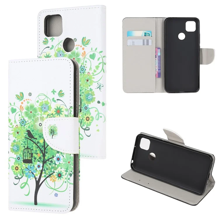 Cross Texture Pattern Printing Leather Phone Case for Xiaomi Redmi 9C/9C NFC - Green Flower Tree