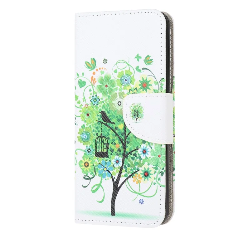 Cross Texture Pattern Printing Leather Phone Case for Xiaomi Redmi 9C/9C NFC - Green Flower Tree