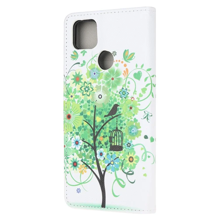 Cross Texture Pattern Printing Leather Phone Case for Xiaomi Redmi 9C/9C NFC - Green Flower Tree